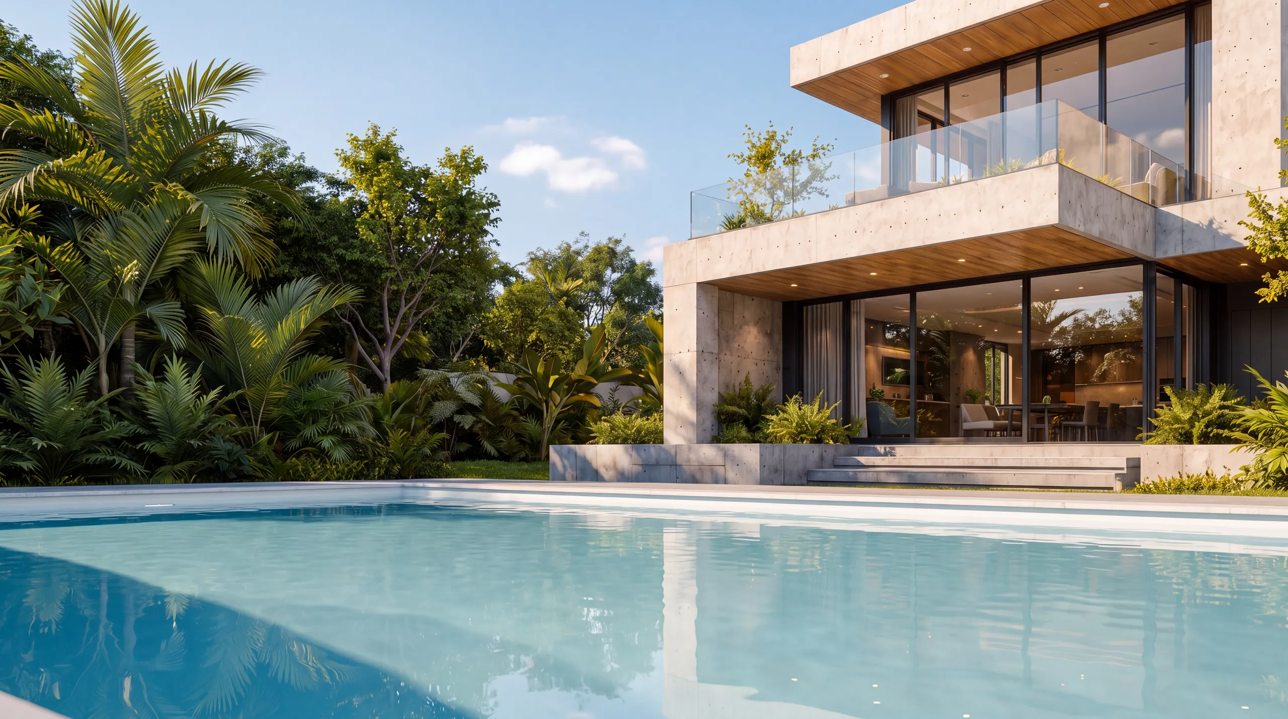Modern concrete house with a pool among tropical greenery in South Florida